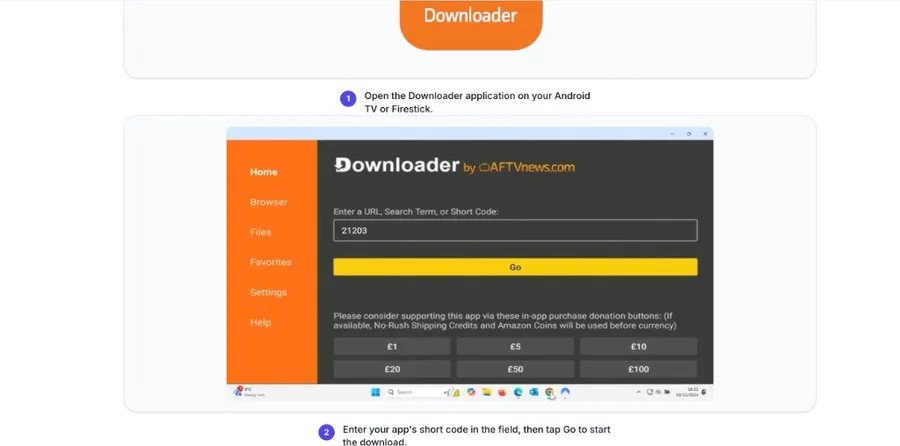 Downloader: kodefelt og Go-knap